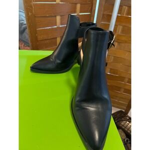 Womens Black Faux Leather Pointed Toe Booties with Buckle Ankle Strap Block Heel